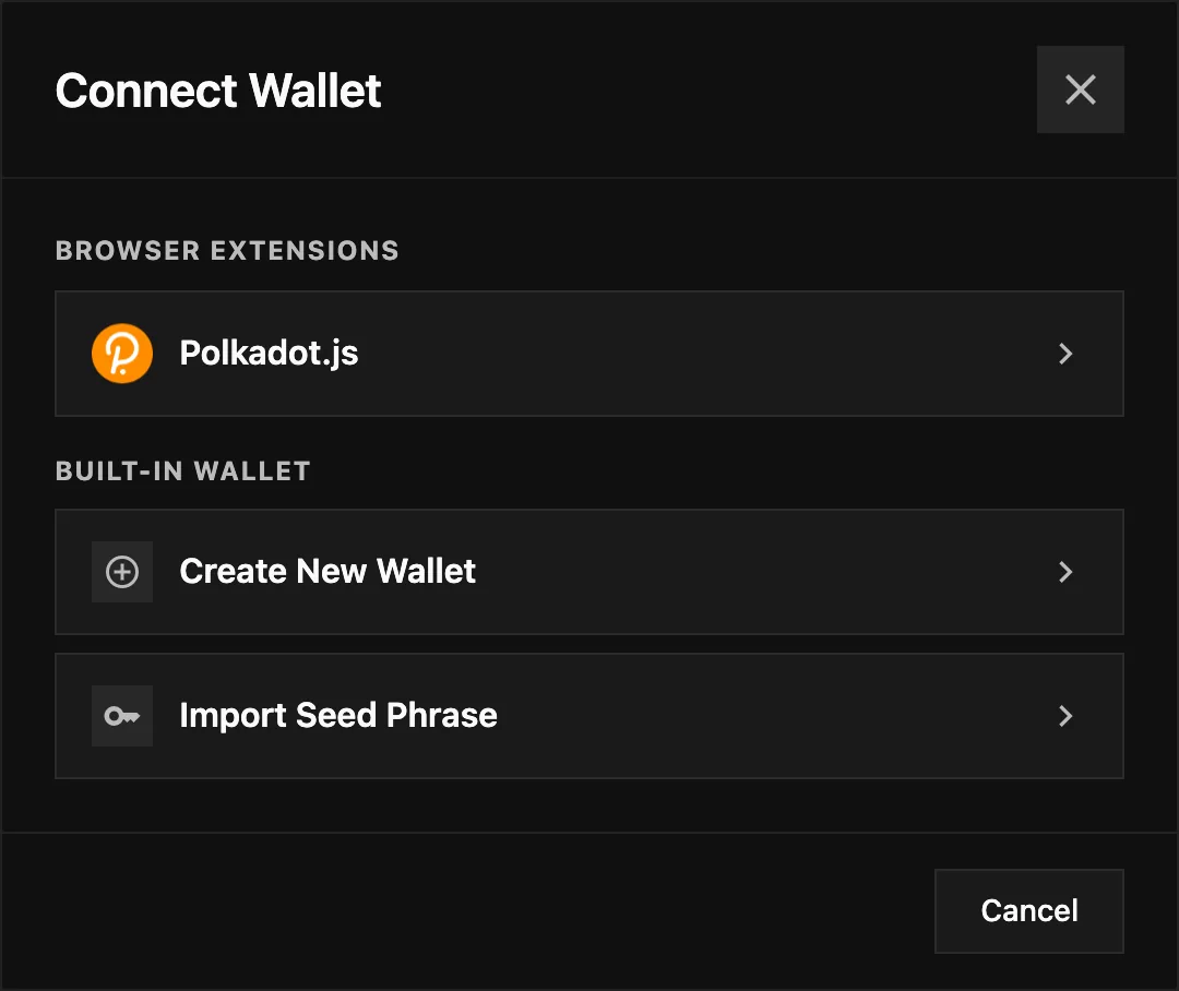 The Connect Wallet dialog, with a browser extension above the built-in wallet's two options