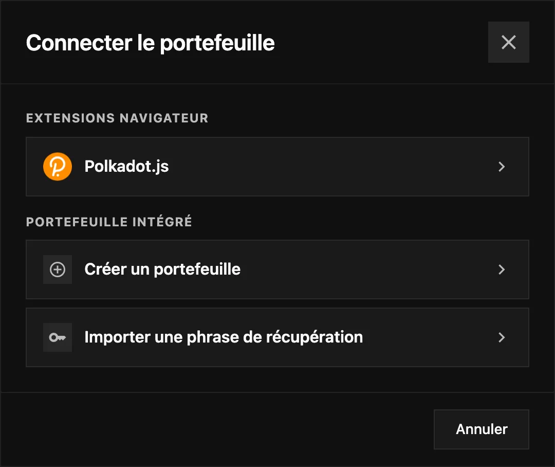La fenêtre Connecter le portefeuille, avec une extension de navigateur au-dessus des deux options du portefeuille intégré