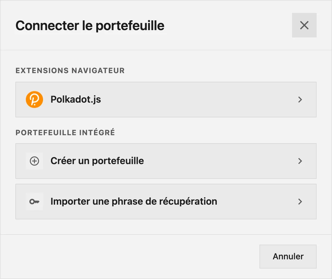 La fenêtre Connecter le portefeuille, avec une extension de navigateur au-dessus des deux options du portefeuille intégré