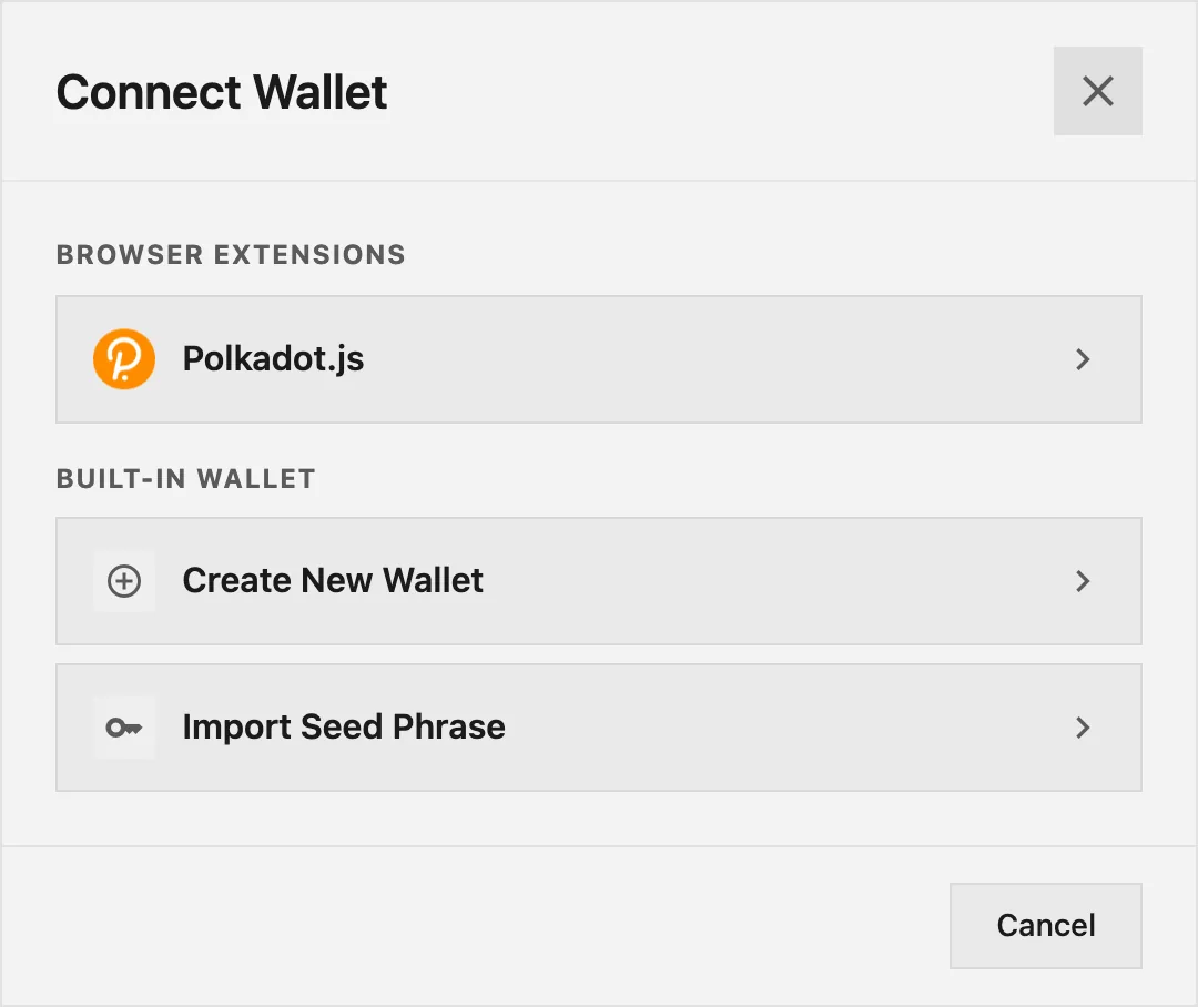 The Connect Wallet dialog, with a browser extension above the built-in wallet's two options