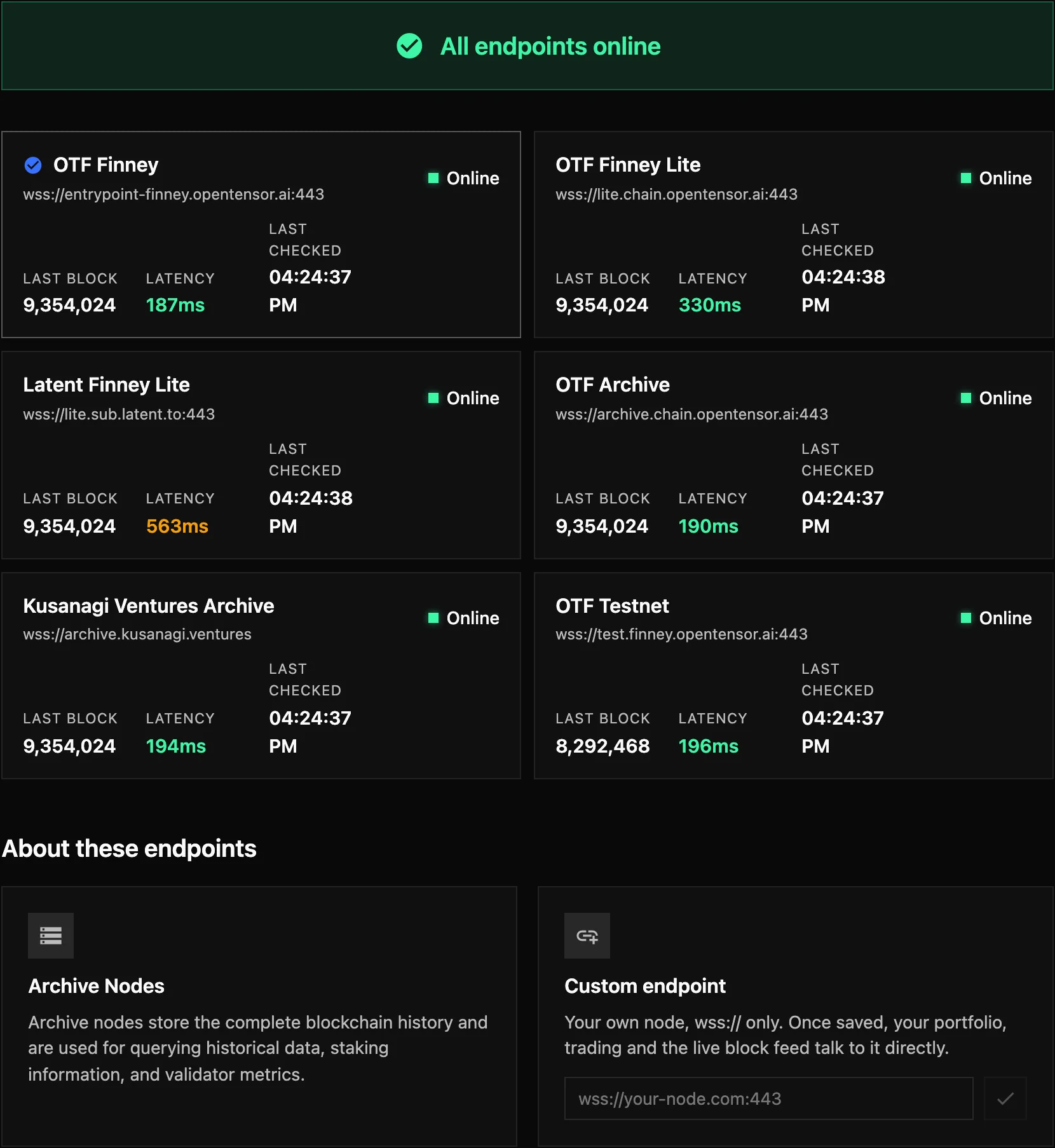 The Network status page: the summary banner, a card per endpoint with its last block and latency, and the Custom endpoint field