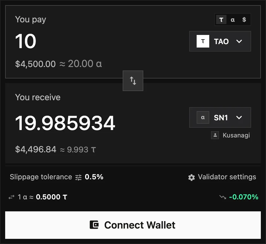 The swap form paying 10 TAO for a subnet's alpha, with the amount received, the validator and the exchange rate