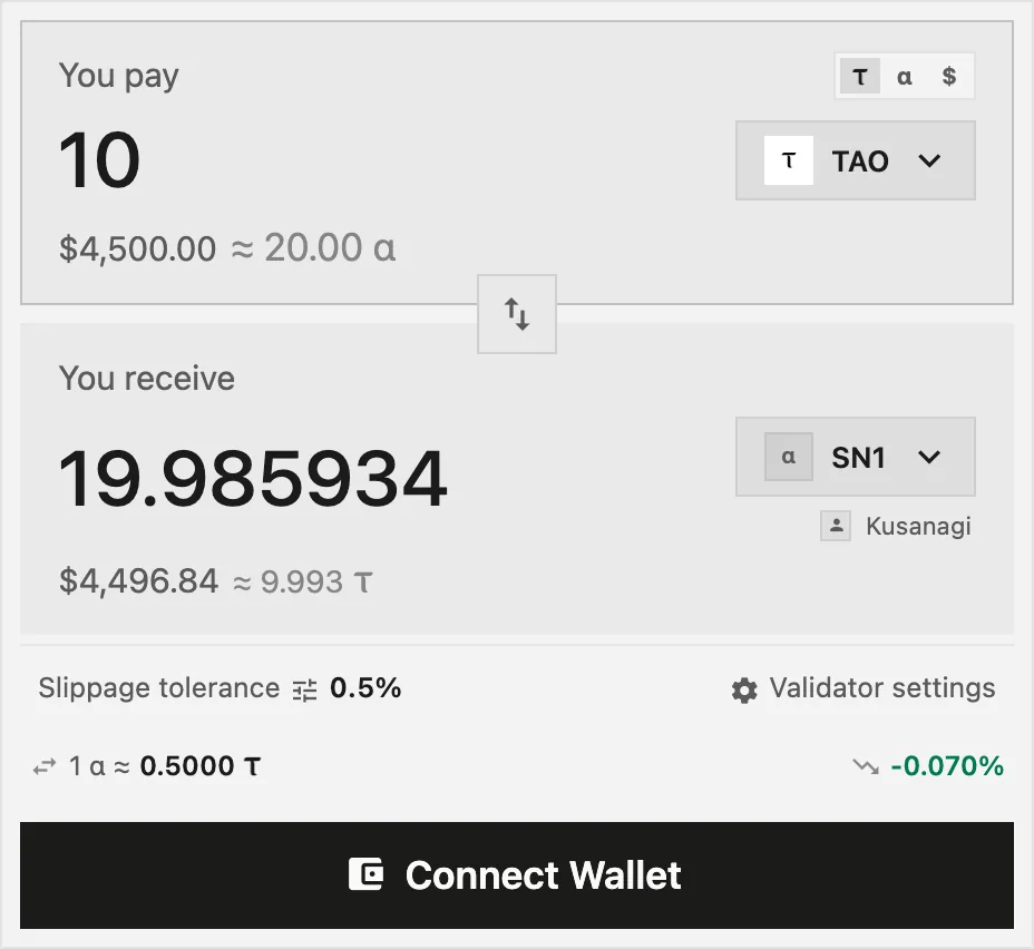 The swap form paying 10 TAO for a subnet's alpha, with the amount received, the validator and the exchange rate