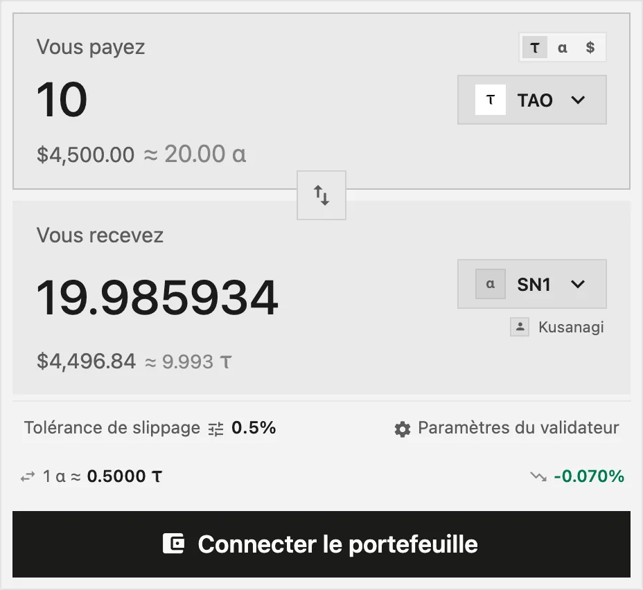 Le formulaire de swap payant 10 TAO contre l'alpha d'un subnet, avec le montant reçu, le validateur et le taux de change