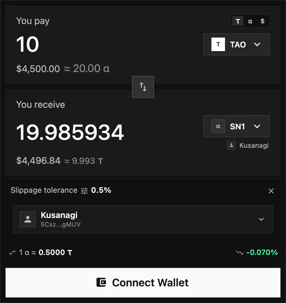 The swap form with Validator settings open, showing Kusanagi as the validator that will hold the stake