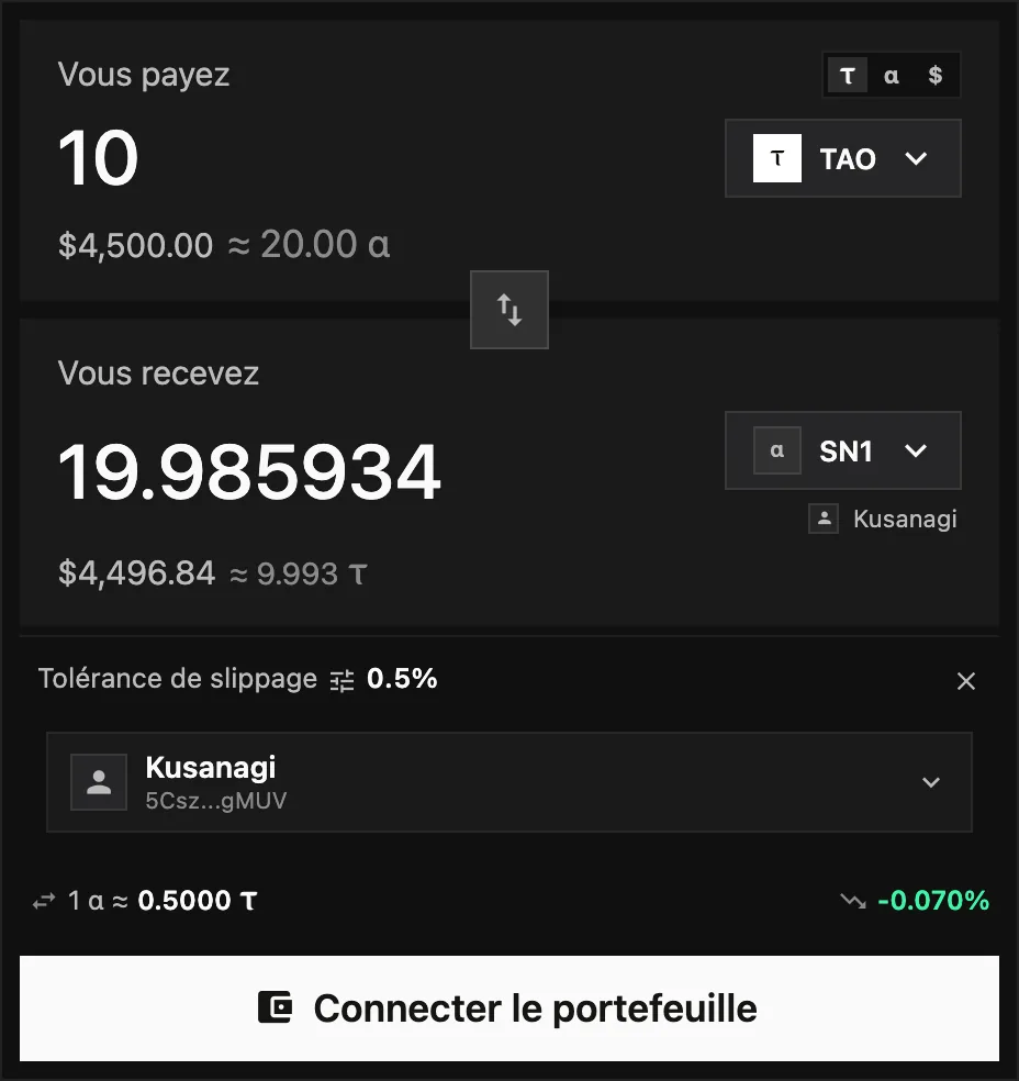 Le formulaire de swap avec les paramètres du validateur ouverts, montrant Kusanagi comme le validateur qui détiendra le stake