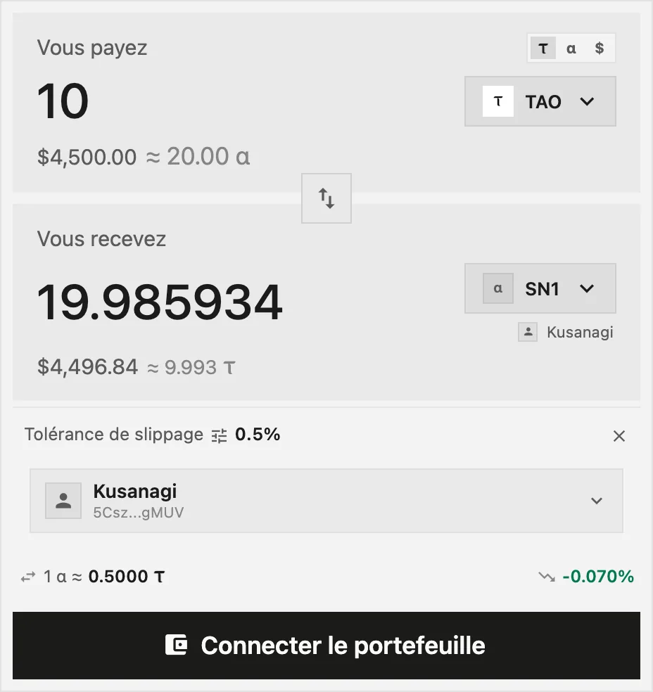 Le formulaire de swap avec les paramètres du validateur ouverts, montrant Kusanagi comme le validateur qui détiendra le stake