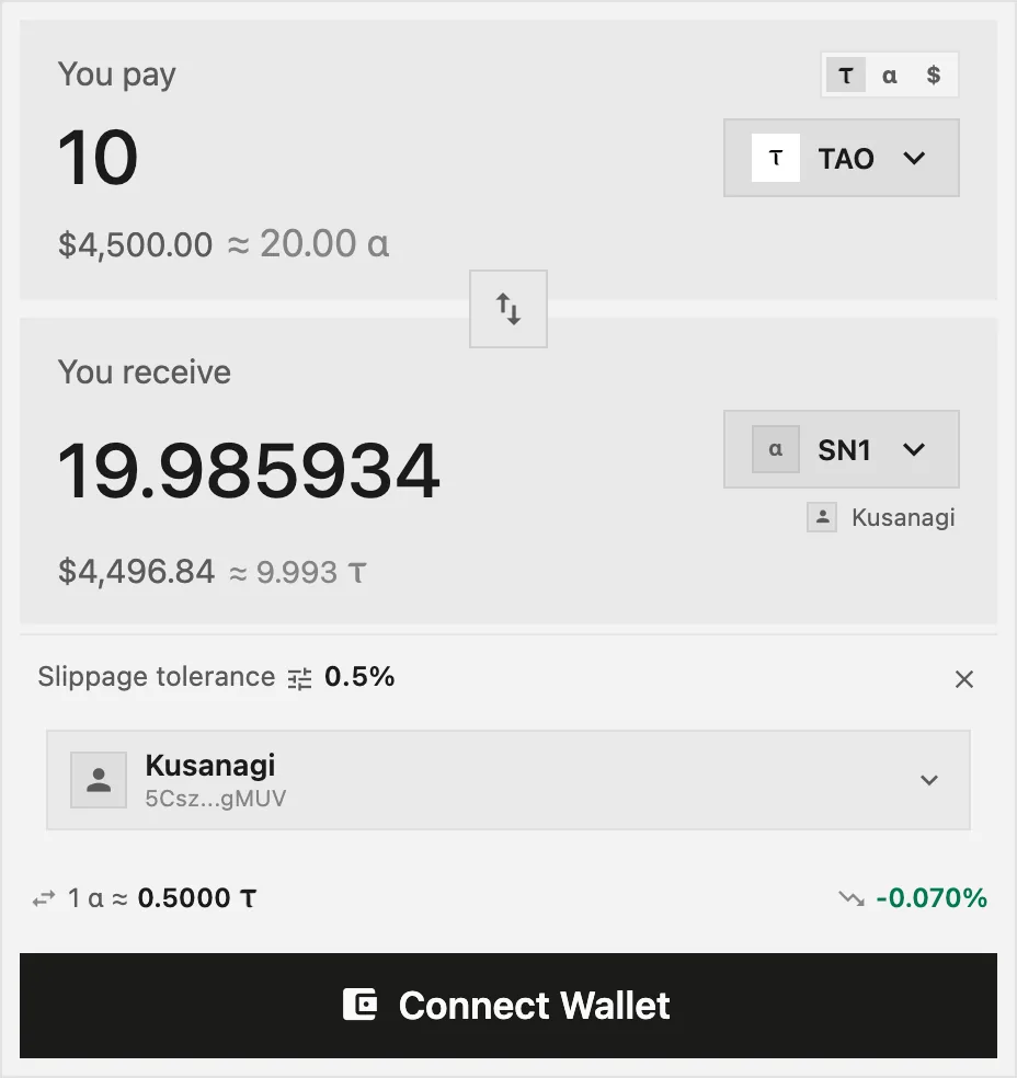 The swap form with Validator settings open, showing Kusanagi as the validator that will hold the stake